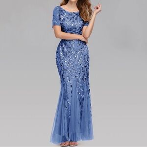 Ever Pretty Dusty Blue Sequin Applique Tulle Gown